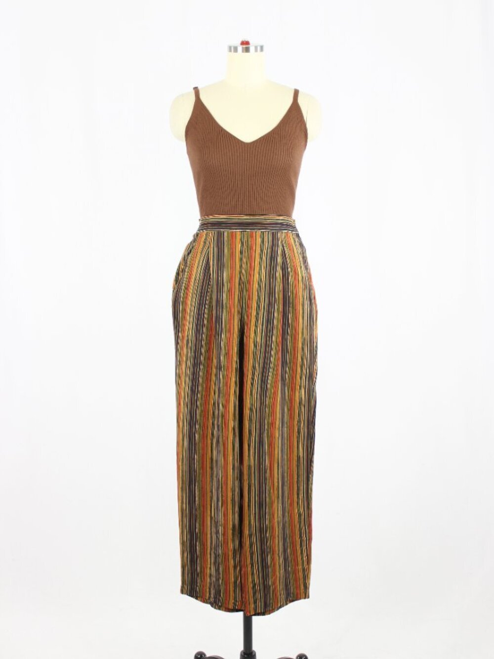 Vintage 00's AMANDA SMITH Orange Navy Tan Striped 100% Silk Crepe Pants, Size 6